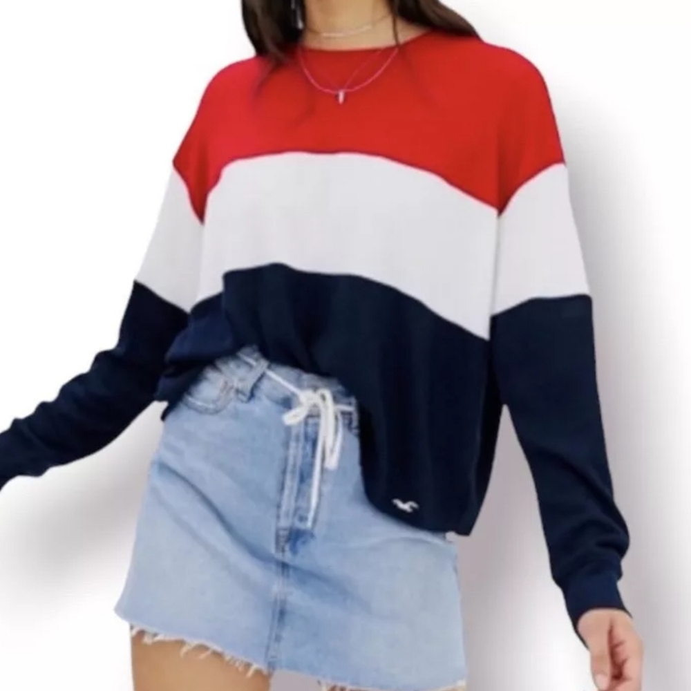 Hollister Long Sleeve Boyfriend Cropped Oversized Waffle, Red, White, & Blue